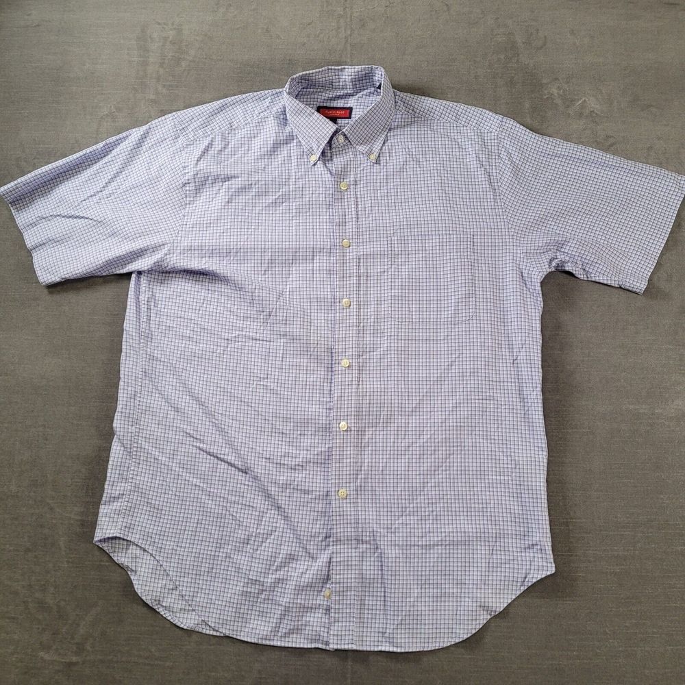 Austin Reed Long Blue Checked Button Up Short Sleeve Mens Shirt Sz Large